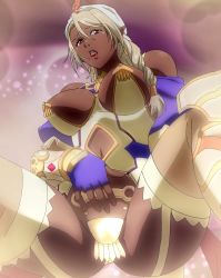 Rule 34 | 10s, 1girl, absurdres, bikini warriors, blonde hair, breasts, dark-skinned female, dark elf (bikini warriors), dark skin, female focus, gradient background, highres, large breasts, lipstick, long hair, makeup, open mouth, pointy ears, red eyes, solo, spread legs, stitched, third-party edit
