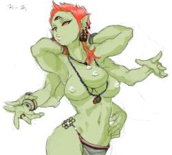 Rule 34 | 1girl, breasts, collar, colored skin, drawr, earrings, extra arms, extra breasts, extra eyes, green skin, hip focus, jewelry, light areolae, lips, lipstick, makeup, monster girl, navel, nipples, nude, orange hair, original, pointy ears, pout, red eyes, red hair, short hair, smile, solo, ta (compass), third eye, wide hips, yellow eyes