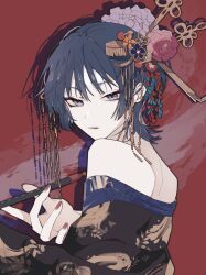 Rule 34 | 1boy, bare shoulders, bishounen, crossdressing, flower, genshin impact, hair flower, hair ornament, highres, holding, holding smoking pipe, japanese clothes, looking at viewer, looking back, male focus, purple hair, red nails, scaramouche (genshin impact), short hair, sin65644, smoking pipe, solo