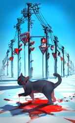 Rule 34 | animal, animal focus, black cat, blood, blood splatter, blue sky, cat, chi chi3939, clear sky, day, highres, kagerou days (vocaloid), kagerou project, looking at viewer, no humans, outdoors, paw print, power lines, red eyes, road sign, sign, sky, solo, standing, utility pole, vocaloid