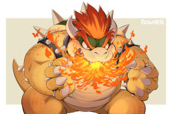 Rule 34 | 1boy, armlet, bowser, breath weapon, breathing fire, character name, fire, highres, horns, kinoshita jiroh, male focus, mario (series), nintendo, red hair, simple background, solo, spiked armlet