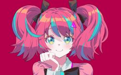 Rule 34 | 15 shoujo, 1girl, black bow, blue eyes, blue hair, bow, closed mouth, collared shirt, hair bow, hand on own face, hand up, highres, inui raburi, long sleeves, looking at viewer, multicolored hair, pink background, pink hair, shirt, smile, solo, straight-on, streaked hair, triangle hair ornament, tsujii luki, twintails, upper body