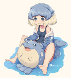 Rule 34 | 1girl, :3, animal ears, bare legs, bare shoulders, barefoot, blue eyes, blue hair, blue jacket, blue one-piece swimsuit, blush, brown background, brown hair, closed mouth, collarbone, commentary request, creatures (company), fangs, game freak, gen 3 pokemon, jacket, kuromiya, multicolored hair, nintendo, off shoulder, one-piece swimsuit, open clothes, open jacket, personification, pokemon, pokemon (creature), ripples, soles, spheal, swimsuit, swimsuit under clothes, tail, thick eyebrows, twitter username, two-tone hair, water