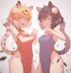 Rule 34 | 2girls, akuma (st.takuma), animal ear fluff, animal ears, bare shoulders, black jaguar (kemono friends), blonde hair, blue eyes, breasts, cat day, cleavage, cleavage cutout, clenched hand, clothing cutout, covered navel, fangs, flower, groin, hair flower, hair ornament, highres, jaguar (kemono friends), jaguar ears, jaguar girl, jaguar tail, kemono friends, kemono friends 3, medium breasts, multiple girls, nail polish, navel, no panties, open mouth, simple background, tail, white background, yellow eyes