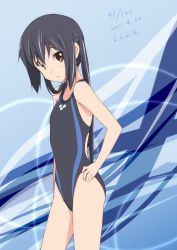 Rule 34 | 1girl, 2011, black hair, brown eyes, competition swimsuit, dated, errant, hand on own hip, hip focus, k-on!, long hair, nakano azusa, one-piece swimsuit, solo, swimsuit, twintails