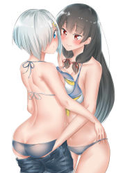 Rule 34 | 10s, 2girls, adapted costume, alternate costume, ass, bikini, black hair, black panties, blue eyes, blush, breast press, breasts, butt crack, casual, colored eyelashes, cowboy shot, denim, denim shorts, embarrassed, gluteal fold, hair over shoulder, hamakaze (kancolle), hand on another&#039;s hip, highres, isokaze (kancolle), kantai collection, large breasts, len (hand linke), long hair, looking at another, looking to the side, midriff, multiple girls, navel, panties, pouty lips, red eyes, red ribbon, ribbon, short hair, shorts, sidelocks, silver hair, stomach, swimsuit, symmetrical docking, underwear, yuri