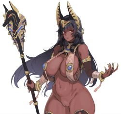 Rule 34 | 1girl, animal ears, ankh, anubis (mythology), bandaged arm, bandages, black gloves, black hair, bottomless, breasts, bridal gauntlets, cleft of venus, commentary request, dark-skinned female, dark skin, earrings, egyptian clothes, elbow gloves, gloves, gold bracelet, hair ornament, holding, holding staff, jackal ears, jackal girl, jewelry, large breasts, long hair, looking at viewer, navel, original, pussy, red eyes, revealing clothes, simple background, solo, staff, stomach, thighs, white background, xiangzi box