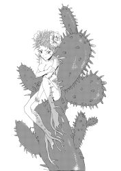 Rule 34 | 1girl, absurdres, breasts, cactus, claws, covering privates, covering breasts, flower, greyscale, hair flower, hair ornament, highres, monochrome, monster girl, nude, plant girl, pointy ears, roots, sitting, smile, solo, spikes, yamai chuu