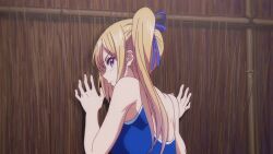 Rule 34 | 1girl, against wall, animated, animated gif, ass, blonde hair, blue one-piece swimsuit, blush, embarrassed, kawakami mai, looking at viewer, looking back, mole, mole under eye, musaigen no phantom world, one-piece swimsuit, ponytail, purple eyes, sexually suggestive, swimsuit