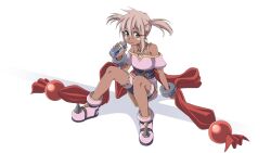Rule 34 | 1girl, bangle, belt, bike shorts, blush stickers, bracelet, closed mouth, dark-skinned female, dark skin, earrings, full body, green eyes, highres, jewelry, kaien advance, looking at viewer, short hair, simple background, smile, solo, souffle rosetti, star ocean, star ocean till the end of time, twintails, weapon, white background, white hair