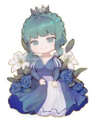 Rule 34 | 1girl, artist name, blue dress, braid, chibi, clivenzu, closed mouth, commission, crown, crown braid, dress, english text, flower, green eyes, green hair, juliet sleeves, long dress, long sleeves, looking at viewer, original, puffy sleeves, simple background, smile, solo, v-neck, white background, white flower