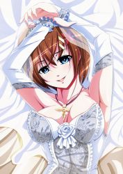 Rule 34 | 00s, 1girl, blue eyes, breasts, bridal veil, brown hair, cleavage, detached sleeves, dress, hair ornament, hairclip, highres, jewelry, large breasts, looking at viewer, lyrical nanoha, mahou shoujo lyrical nanoha strikers, necklace, schwertkreuz, short hair, smile, solo, strapless, strapless dress, tappa (esperanza), veil, wedding dress, white dress, x hair ornament, yagami hayate