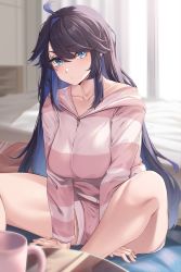 Rule 34 | 1girl, absurdres, ahoge, backlighting, bed, black hair, blue eyes, blue hair, blush, breasts, collarbone, colored inner hair, cup, curtains, highres, hood, hooded sweater, indie virtual youtuber, kson, large breasts, long hair, long sleeves, looking at viewer, moisture (chichi), mug, multicolored hair, pink shorts, pink sweater, shorts, sidelocks, sitting, solo, sweater, swept bangs, thighs, virtual youtuber