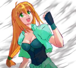 Rule 34 | 1girl, :d, ahoge, aqua jacket, blonde hair, blue gloves, breasts, cleavage, clenched hand, collarbone, cropped jacket, excel, excel saga, fang, gloves, green eyes, green pupils, hair between eyes, hand up, high collar, highres, jacket, long hair, low-tied long hair, medium breasts, open clothes, open jacket, open mouth, puffy short sleeves, puffy sleeves, short sleeves, smile, solo, teeth, upper teeth only, v-shaped eyebrows, zawabug