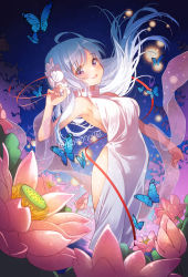 Rule 34 | 1girl, :d, blue butterfly, blush, breasts, bug, butterfly, dress, emori miku, flower, hair flower, hair ornament, bug, kawanobe, leaning back, long hair, looking at viewer, medium breasts, open mouth, outdoors, purple eyes, red ribbon, ribbon, see-through, silver hair, smile, standing, vocaloid, white dress