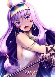 Rule 34 | 1girl, animal ears, bare arms, breasts, commentary request, dark-skinned female, dark skin, earrings, facial mark, fate/grand order, fate (series), hairband, highres, holding, hoop earrings, jackal ears, jewelry, large breasts, long hair, looking at viewer, navel, nitocris (fate), open mouth, purple eyes, purple hair, sidelocks, simple background, solo, teeth, tranquillianusmajor, upper body, upper teeth only, very long hair, white background