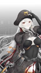 Rule 34 | absurdres, black dress, claudia (tower of fantasy), dress, hat, highres, red eyes, simple background, sword, syka (hariusyka), tower of fantasy, weapon, white hair