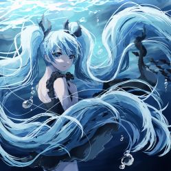 Rule 34 | 1girl, absurdly long hair, absurdres, black bow, black dress, blue eyes, blue hair, bow, dress, floating hair, from side, hair between eyes, hair bow, hatsune miku, highres, long hair, looking at viewer, looking to the side, open mouth, saikisaika, shinkai shoujo (vocaloid), short dress, shoulder blades, sleeveless, sleeveless dress, solo, underwater, very long hair, vocaloid