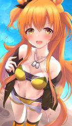 Rule 34 | 1girl, absurdres, animal ears, beach, blush, breasts, collarbone, commentary request, dog tags, highres, horse ears, horse girl, jacket, long hair, looking at viewer, mayano top gun (umamusume), navel, open mouth, orange eyes, orange hair, sky, small breasts, solo, swimsuit, tetori (tetolisto), umamusume, wet