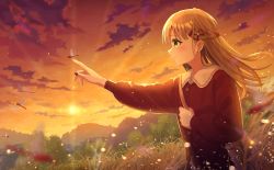Rule 34 | 1girl, autumn, bag, blush, brown hair, bug, dragonfly, evening, from side, grass, green eyes, handbag, highres, hill, insect, long hair, mizuki (lvo0x0ovl), nail polish, scenery, smile, solo, standing, sunset, tree