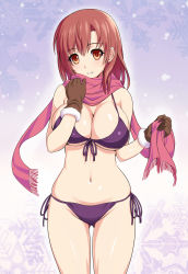 Rule 34 | 1girl, bikini, breasts, brown eyes, brown hair, cleavage, front-tie top, gloves, highres, kawase seiki, large breasts, light smile, long hair, looking away, navel, original, parted lips, scarf, shiny skin, side-tie bikini bottom, skindentation, solo, strap gap, swimsuit