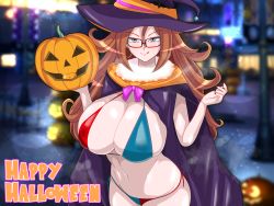 Rule 34 | 1girl, :q, absurdres, android, android 21, bikini, bikini under clothes, black-framed eyewear, blue eyes, breasts, brown hair, cape, covered erect nipples, curly hair, dragon ball, dragon ball (object), dragon ball fighterz, earrings, glasses, halloween, hat, highres, hoop earrings, hudo shin, jack-o&#039;-lantern, jewelry, large breasts, long hair, pumpkin, see-through, solo, standing, swimsuit, tongue, tongue out, witch hat