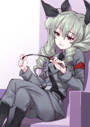 Rule 34 | 10s, 1girl, anchovy (girls und panzer), bad id, belt, black footwear, blouse, boots, crossed legs, dress shirt, drill hair, female focus, girls und panzer, grey hair, grey jacket, grey pants, grey shirt, hair ribbon, highres, jacket, knee boots, long hair, long sleeves, matsuryuu, military, military uniform, necktie, pants, pants tucked in, red eyes, ribbon, riding crop, shirt, sitting, smile, solo, twin drills, twintails, uniform