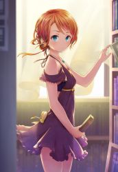 Rule 34 | 1girl, aqua eyes, bare shoulders, blush, book, dress, highres, holding, jewelry, looking at viewer, necklace, orange hair, original, purple dress, ribbon, short hair, solo, standing, tomamatto
