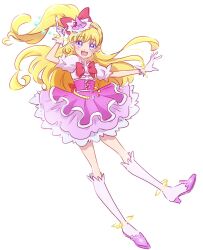 Rule 34 | 1girl, :d, asahina mirai, blonde hair, blush, boots, commentary request, cure miracle, dress, earrings, eyelashes, fpminnie1, gloves, hair ornament, hairband, happy, high heel boots, high heels, high side ponytail, highres, jewelry, long hair, looking at viewer, magical girl, mahou girls precure!, open mouth, pink dress, ponytail, precure, puffy short sleeves, puffy sleeves, purple eyes, short sleeves, side ponytail, simple background, sketch, smile, solo, white background