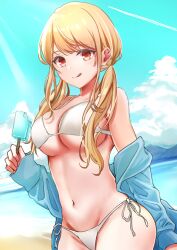 Rule 34 | 1girl, beach, bikini, blonde hair, blue jacket, blue sky, breasts, cleavage, cloud, commentary, cowboy shot, day, food, groin, jacket, kamitu, large breasts, long hair, low twintails, orange eyes, original, outdoors, popsicle, sky, solo, swimsuit, tongue, tongue out, twintails, white bikini