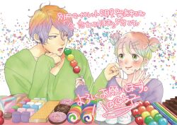 Rule 34 | 1boy, 1girl, artist name, blonde hair, blue nails, blush, brown eyes, cake, candy, casual, chapter number, chocolate, chocolate bar, closed mouth, collarbone, colorful, commentary request, couple, cream, dango, double bun, doughnut, earrings, fingernails, food, food on face, fruit, giving food, gradient hair, green eyes, green shirt, hair bun, hair ornament, hairclip, hatta ayuko, hetero, highres, holding, holding food, honeycomb (pattern), ima koi wo shiteimasu., jewelry, light brown hair, light purple hair, long sleeves, looking at another, looking to the side, macaron, marshmallow, mitarashi dango, mizusawa satomi, multicolored hair, nose, off-shoulder shirt, off shoulder, open mouth, orange hair, pink lips, purple shirt, shirt, short hair, sidelocks, signature, sleeves past wrists, smile, star (symbol), strawberry, sweets, teeth, upper body, v-neck, wagashi, white background, wiping face, yagyuu kazuma