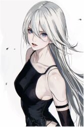 Rule 34 | 1girl, a2 (nier:automata), android, bare shoulders, blue eyes, collarbone, d.k, elbow gloves, gloves, hair between eyes, lips, long hair, looking at viewer, mole, mole under mouth, nier:automata, nier (series), solo, upper body, white background, white hair