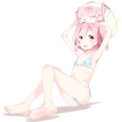 Rule 34 | 1girl, armpits, arms up, bad id, bad twitter id, bag, barefoot, bikini, blue archive, blue bikini, blurry, blurry foreground, blush, commentary request, feet, flat chest, full body, hair ribbon, halo, hat, holding, knees together feet apart, kokekokko coma, legs, medium hair, nurse cap, open mouth, pink eyes, pink hair, pink ribbon, ribbon, serina (blue archive), shadow, shoulder bag, side-tie bikini bottom, side ponytail, simple background, soles, solo, swimsuit, thighs, toes, white background