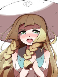 Rule 34 | 1girl, absurdres, bad id, bad twitter id, blonde hair, blush, braid, collared dress, commentary request, creatures (company), dress, floating hair, game freak, green eyes, hands up, hat, highres, lillie (pokemon), long hair, looking at viewer, nintendo, open mouth, own hands together, pokemon, pokemon sm, shabana may, sleeveless, sleeveless dress, solo, sun hat, tearing up, teeth, tongue, twin braids, white hat
