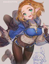 Rule 34 | ..., 1boy, 1girl, blonde hair, blush, boots, breasts, commentary request, fingerless gloves, gloves, green eyes, highres, link, long sleeves, medium breasts, nintendo, open mouth, pants, pointy ears, princess zelda, short hair, shuri (84k), teeth, the legend of zelda, the legend of zelda: breath of the wild, the legend of zelda: tears of the kingdom, thought bubble, tongue, translation request, twitter username, watermark