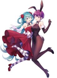 Rule 34 | 1boy, 1girl, ;d, animal ears, aqua eyes, aqua hair, bishounen series, black gloves, black leotard, black pantyhose, breasts, doujima mayumi, dress, e (eokiba), elbow gloves, gloves, hair rings, hand on another&#039;s hip, high heels, highres, leotard, long hair, medium breasts, one eye closed, open mouth, outstretched hand, pantyhose, playboy bunny, purple eyes, purple hair, rabbit ears, rabbit tail, red dress, red footwear, shoes, short hair, small breasts, smile, soutouin manabu, striped clothes, striped pantyhose, tail, trap, very long hair, wavy mouth, white gloves