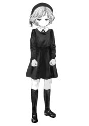 Rule 34 | 1girl, alternate costume, alternate hairstyle, arms at sides, asasow, beret, clenched hands, closed mouth, collared dress, commentary request, dress, empire waist, expressionless, greyscale, hat, hat ribbon, hatoba tsugu, highres, kneehighs, light frown, loafers, long sleeves, looking at viewer, monochrome, ribbon, shoes, short dress, short hair, simple background, socks, solo, standing, tsugu (vtuber), virtual youtuber, wavy hair