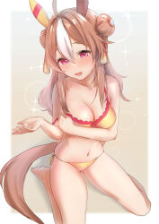 Rule 34 | 1girl, ahoge, animal ears, barefoot, bikini, blush, breasts, brown hair, cleavage, commentary request, copano rickey (umamusume), double bun, ear covers, fang, hair bun, hair ornament, highres, horse ears, horse girl, horse tail, long hair, looking at viewer, medium breasts, multicolored hair, nose blush, off shoulder, open mouth, pink eyes, revision, sakieko, side-tie bikini bottom, single ear cover, sitting, solo, sparkle, streaked hair, swimsuit, tail, tassel, tassel hair ornament, umamusume, white hair, yellow bikini