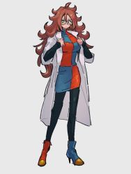 Rule 34 | 1girl, android 21, checkered clothes, checkered dress, dragon ball, dragon ball fighterz, dress, full body, glasses, kemachiku, lab coat, long hair, looking at viewer, red hair, solo, standing
