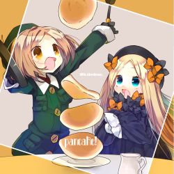 Rule 34 | 2girls, abigail williams (fate), beret, black bow, black hat, blonde hair, blue eyes, bow, fate/grand order, fate (series), food, forehead, gloves, hair bow, hat, long hair, multiple girls, open mouth, orange bow, overalls, pancake, parted bangs, paul bunyan (fate), short hair, sleeves past wrists, ume (pickled plum), yellow eyes