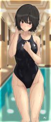 Rule 34 | 1girl, absurdres, adjusting hair, amagami, arm behind head, artist name, black hair, black one-piece swimsuit, blue one-piece swimsuit, blush, breasts, brown eyes, ceiling, closed mouth, collarbone, commentary, competition swimsuit, embarrassed, feet out of frame, gluteal fold, groin, hair between eyes, highres, indoors, large breasts, looking away, mitojyaneeeeyo, nanasaki ai, one-piece swimsuit, pool, raised eyebrows, short hair, signature, solo, standing, swimsuit, thigh gap, two-tone swimsuit, wet, wet clothes, wet swimsuit