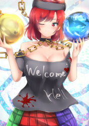 Rule 34 | 1girl, ;), black hat, black shirt, blush, breasts, chain, choker, cleavage, clothes writing, earth (ornament), fa kurin, hat, hecatia lapislazuli, highres, large breasts, looking at viewer, moon (ornament), multicolored clothes, multicolored skirt, off-shoulder shirt, off shoulder, one eye closed, plaid, plaid skirt, red eyes, red hair, shirt, skirt, smile, solo, touhou