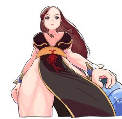 Rule 34 | 1girl, alternate costume, black dress, bottle, bracelet, braid, breasts, breasts apart, brown eyes, brown hair, capcom, center opening, china dress, chinese clothes, chun-li, cleavage, cropped legs, curvy, dress, from below, hair down, holding, jewelry, large breasts, lineni, long hair, no bra, no panties, open mouth, pelvic curtain, revealing clothes, side slit, solo, spiked bracelet, spikes, street fighter, street fighter iv (series), teeth, thick thighs, thighs, transparent background, twin braids, upper teeth only, water bottle, white background, wide hips
