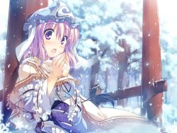 Rule 34 | 1girl, breasts, breath, capelet, female focus, forest, frills, hat, japanese clothes, nature, obi, open mouth, purple eyes, purple hair, ribbon, saigyouji yuyuko, sash, snow, solo, t-ray, torii, touhou, tree, triangular headpiece, warming, winter