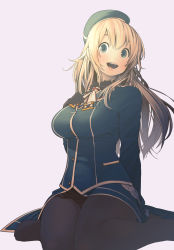 Rule 34 | 10s, 1girl, atago (kancolle), beret, blonde hair, blue eyes, breast suppress, breasts, gloves, hat, highres, kantai collection, large breasts, long hair, looking at viewer, open mouth, pantyhose, sitting, smile, solo, suno486 x, uniform