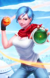 Rule 34 | blue eyes, blue hair, bulma, day, denim, dragon ball, dragon ball (object), dragonball z, fingerless gloves, gloves, highres, jeans, karn kirk ratanasin, looking at viewer, outstretched arm, pants, scarf, short hair, single glove, solo