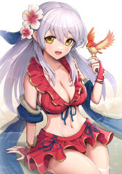 Rule 34 | 1girl, absurdres, bikini, bird, bird on hand, blue ribbon, breasts, bridal gauntlets, cleavage, fire emblem, fire emblem: radiant dawn, fire emblem heroes, flower, frilled bikini, frills, gloves, gonzarez, hair flower, hair ornament, hair ribbon, highres, large breasts, long hair, looking at viewer, medium breasts, micaiah (fire emblem), micaiah (summer) (fire emblem), navel, nintendo, official alternate costume, partially submerged, red bikini, red gloves, ribbon, sitting, smile, solo, swimsuit, thighs, white background, yellow eyes, yune (fire emblem)