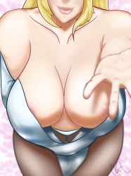 Rule 34 | 1girl, absurdres, blonde hair, blurry, blurry background, breasts, dress, hand out, hand up, highres, huge breasts, lilyeria, lips, metroid, mole, mole on breast, nintendo, nipple slip, nipples, panties, pantyhose, samus aran, shiny clothes, smile, underwear, white panties