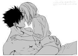 Rule 34 | 1boy, 1girl, abs, blush, collarbone, dimples of venus, closed eyes, greyscale, haikyuu!!, hand on another&#039;s ass, hetero, kiss, kuroo tetsurou, manly, monochrome, namo, open mouth, sitting, spiked hair, straddling, toned, toned male, yachi hitoka