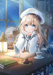 Rule 34 | 1girl, absurdres, bare shoulders, beret, blue eyes, blue ribbon, blue skirt, blue sky, blush, book, bookshelf, closed mouth, commission, cup, detached sleeves, hands on own chin, hat, highres, hoshiibara mato, indoors, lantern, light, light brown hair, light particles, long hair, long sleeves, looking at viewer, mug, neck ribbon, night, open book, original, plate, quill, ribbon, shirt, sidelocks, sitting, skeb commission, skirt, sky, smile, snowing, solo, table, white hat, white shirt